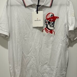 Moncler Men's White Polo with Red Embroidered Graphic